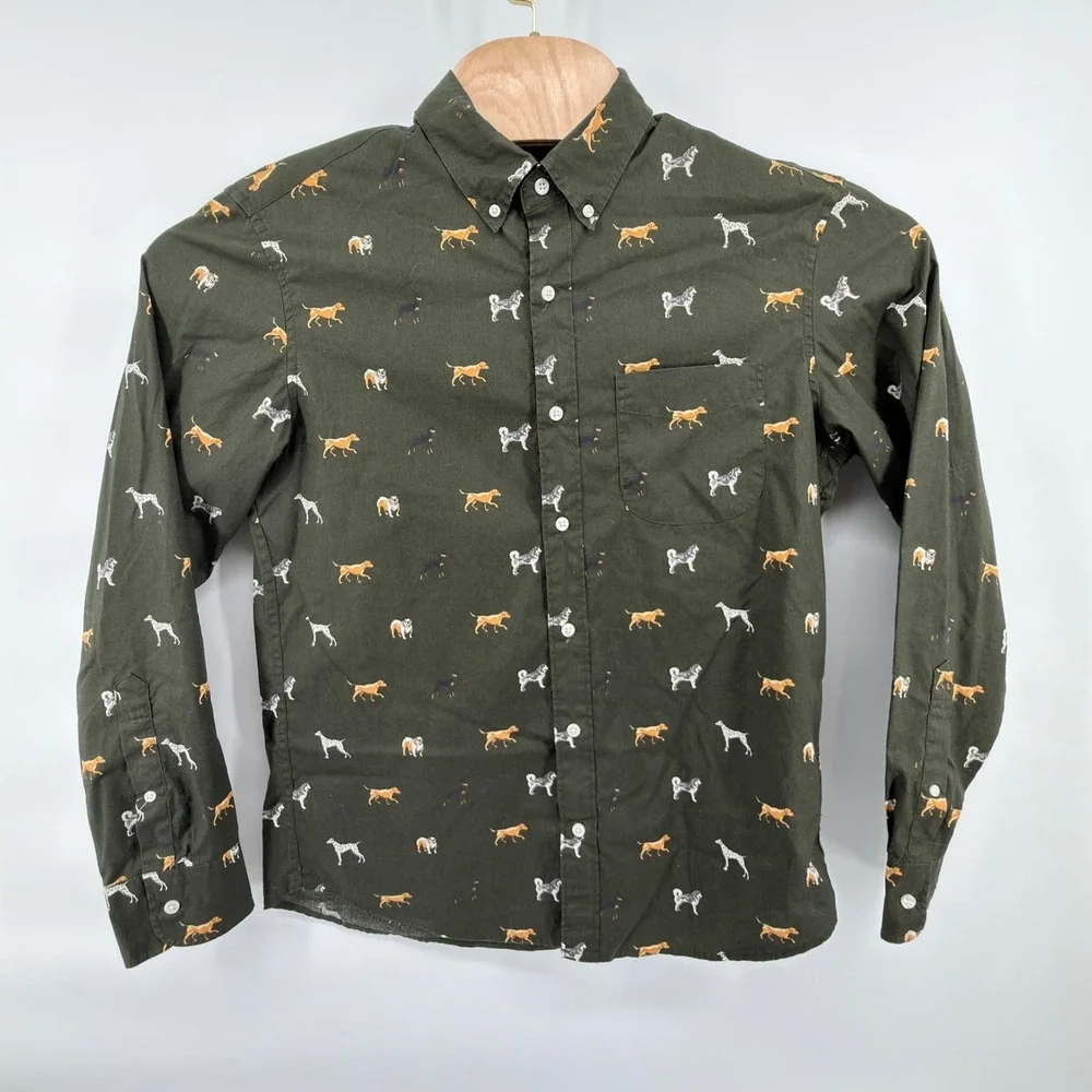 J. Crew Button Down Shirt Mens M Short Green Dog Print Secret Wash Slim Untucked